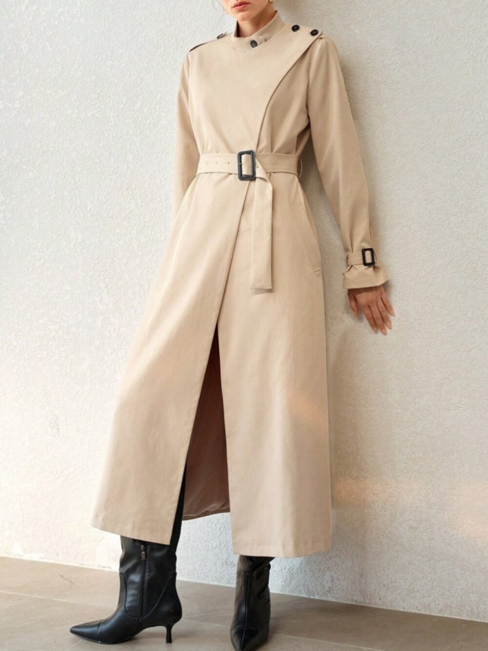 Cream Belted Wrap Front Stand Collar Long Sleeve Trench Coat